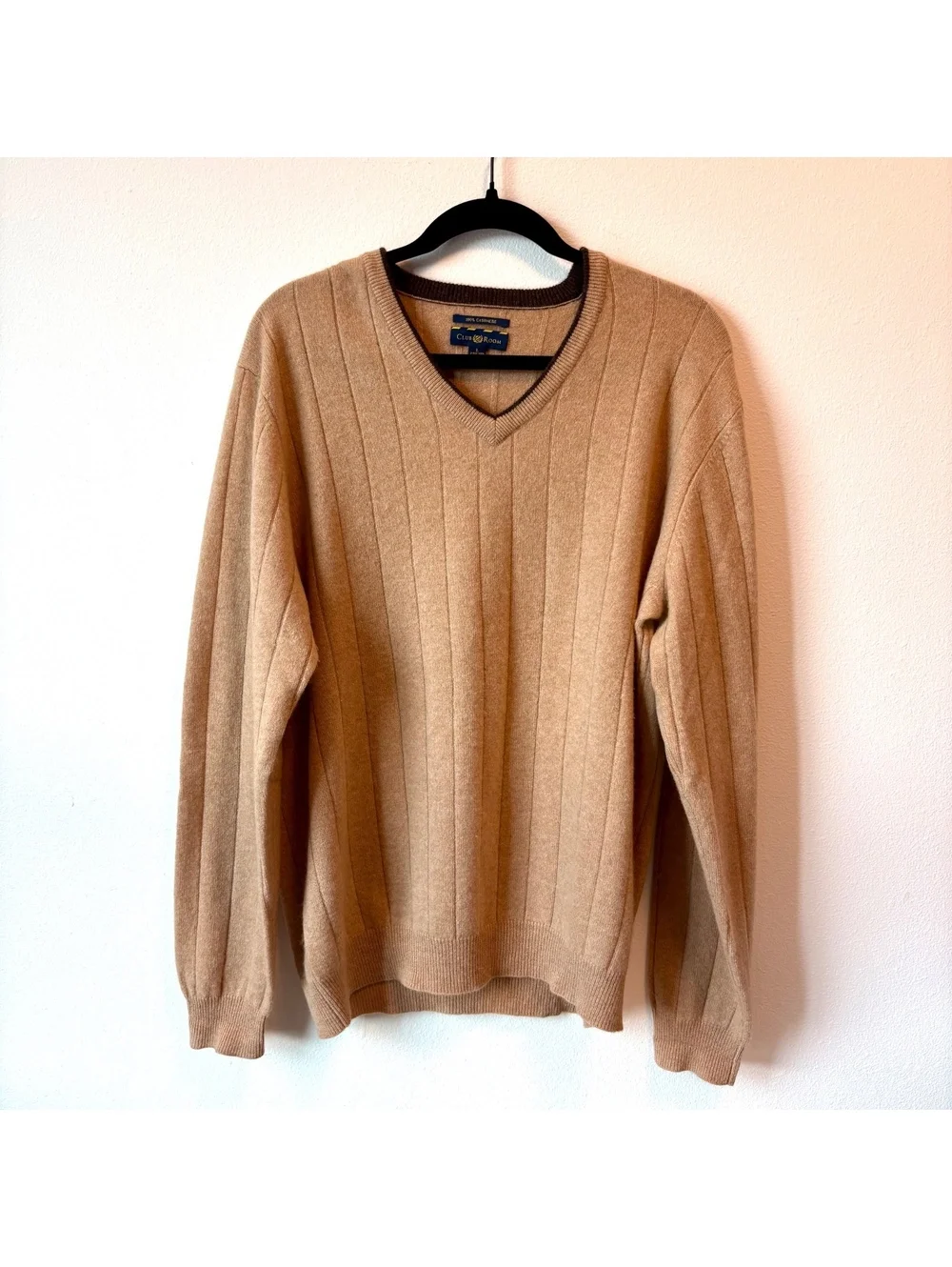 Club Room 100% Cashmere V-Neck Sweater Men’s Large Camel Tan Ribbed Knit Fall